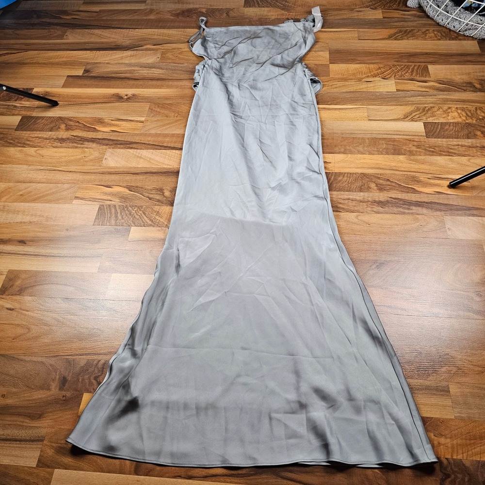 JLUXLABEL Green Satin Maxi Dress Floral Applique Cowl Back Evening Formal Small